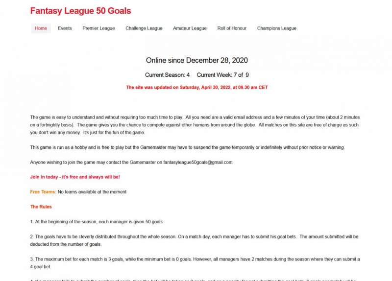 online sport prediction games - Fantasy League 50 Goals