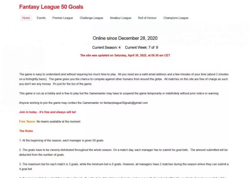 online sport games - Fantasy League 50 Goals