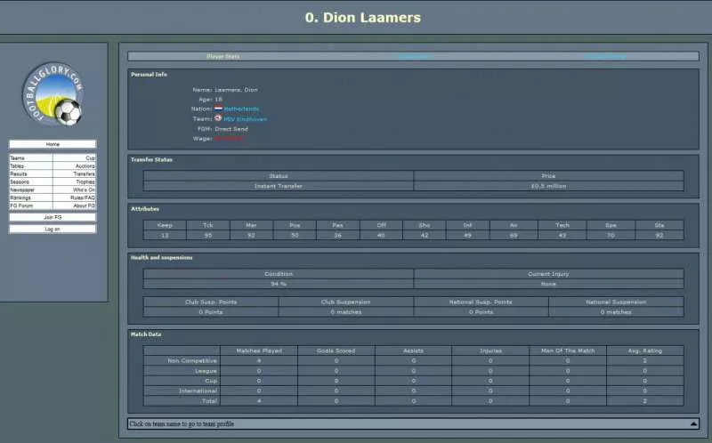 Football Glory  2001  online game