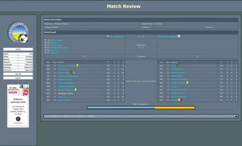 Football Glory  2001  online game